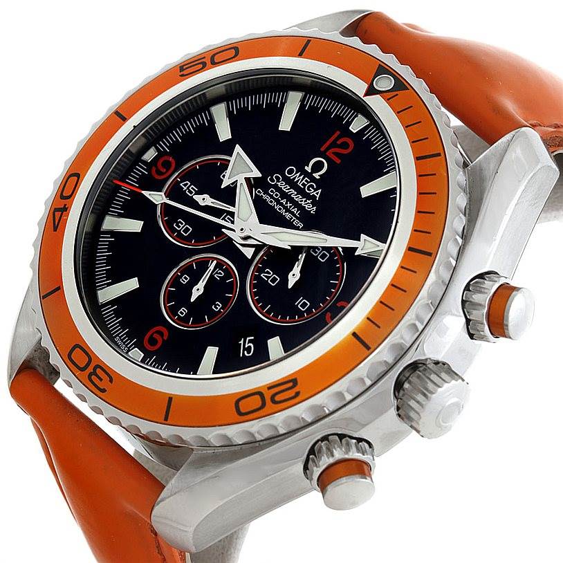 The image shows an angled front view of the Omega Planet Ocean 2918.50.83 Men's Stainless Steel Black Dial 2918.50.83 Men's Stainless Steel Black Dial watch, focusing on the dial, bezel, and side push-buttons.