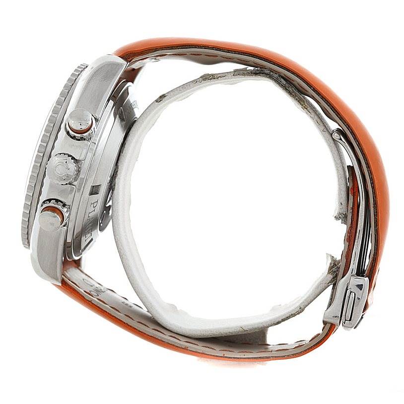 The image shows a side view of an Omega Planet Ocean 2918.50.83 Men's Stainless Steel Black Dial 2918.50.83 Men's Stainless Steel Black Dial watch, highlighting the case, crown, pushers, and strap.