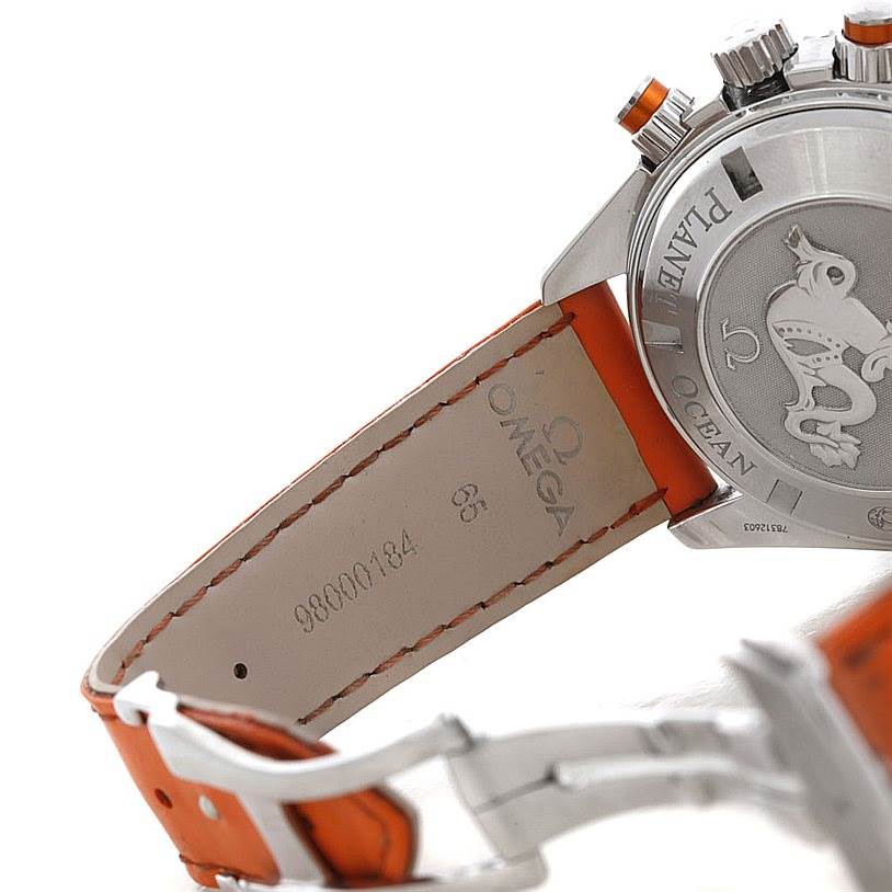 The image shows the back case and strap of an Omega Planet Ocean 2918.50.83 Men's Stainless Steel Black Dial 2918.50.83 Men's Stainless Steel Black Dial watch, highlighting the branding and model details.