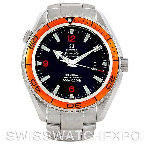 The image shows a front view of the Omega Planet Ocean 2208.50.00 Men
s Stainless Steel Black Dial 2208.50.00 Men
s Stainless Steel Black Dial watch with an orange bezel and stainless steel bracelet.