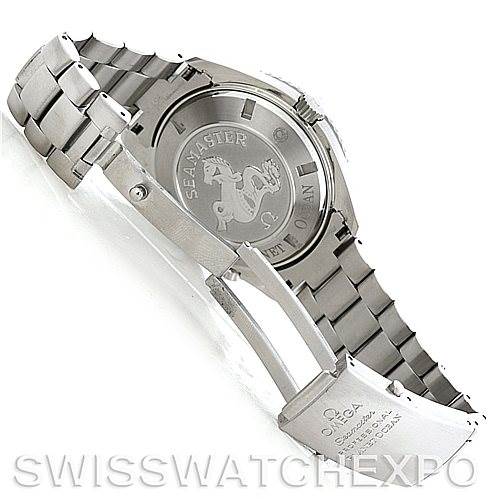 The image shows the back view of the Omega Planet Ocean 2208.50.00 Men
s Stainless Steel Black Dial 2208.50.00 Men
s Stainless Steel Black Dial with the watch case and the partially opened stainless steel bracelet.