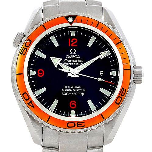 The image shows a front view of an Omega Planet Ocean 2208.50.00 Men
s Stainless Steel Black Dial 2208.50.00 Men
s Stainless Steel Black Dial watch, highlighting its orange bezel and black dial.