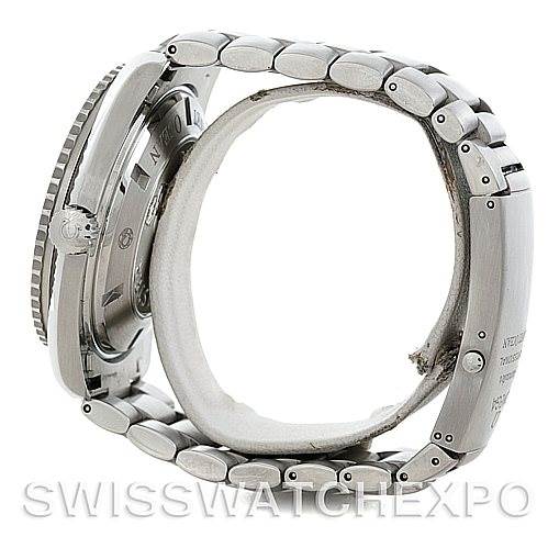 The image shows the side view of an Omega Planet Ocean 2208.50.00 Men
s Stainless Steel Black Dial 2208.50.00 Men
s Stainless Steel Black Dial watch, highlighting its case, crown, and bracelet.