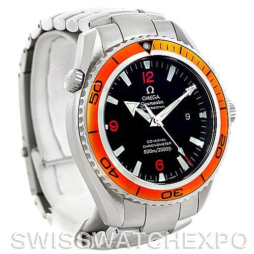 The image shows an angled view of the Omega Planet Ocean 2208.50.00 Men
s Stainless Steel Black Dial 2208.50.00 Men
s Stainless Steel Black Dial watch, highlighting the dial, bezel, case, and part of the bracelet.