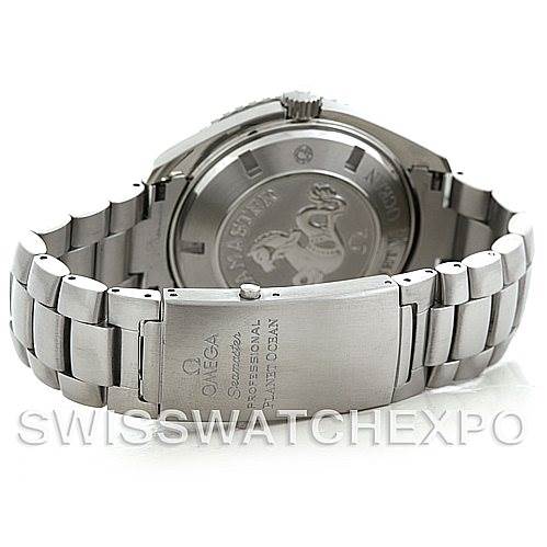 The image shows the back and bracelet of the Omega Planet Ocean 2208.50.00 Men
s Stainless Steel Black Dial 2208.50.00 Men
s Stainless Steel Black Dial watch from a rear angle.