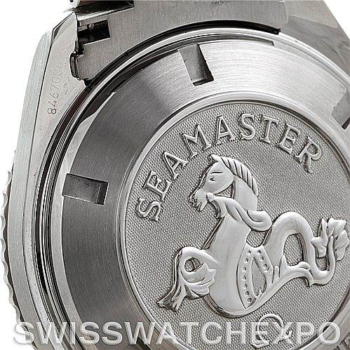 The image shows the case back of the Omega Planet Ocean 2208.50.00 Men
s Stainless Steel Black Dial 2208.50.00 Men
s Stainless Steel Black Dial Seamaster watch with an engraved seahorse design.