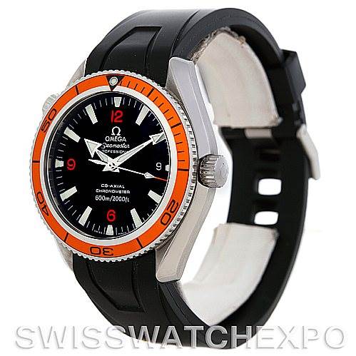 The image shows an Omega Planet Ocean 2909.50.91 Men's Stainless Steel Black Dial 2909.50.91 Men's Stainless Steel Black Dial watch at a three-quarter angle, highlighting the black dial, orange bezel, and black strap.