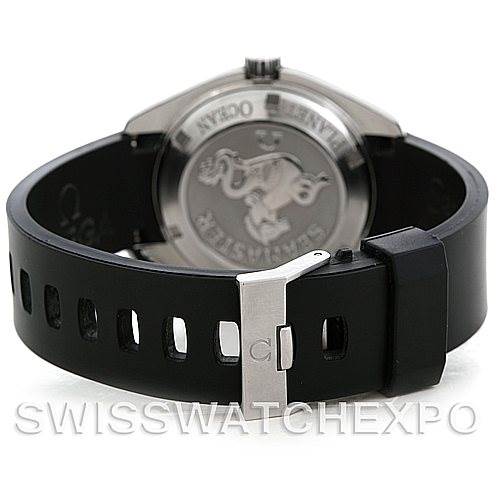 The image shows the back of the Omega Planet Ocean 2909.50.91 Men's Stainless Steel Black Dial 2909.50.91 Men's Stainless Steel Black Dial watch, highlighting the case back and black rubber strap with a metal clasp.