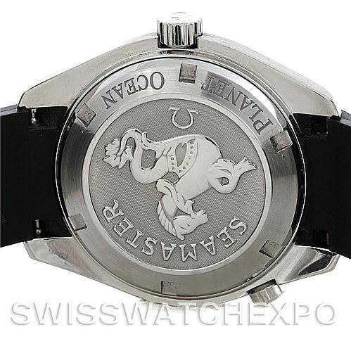 The image shows the case back of an Omega Planet Ocean 2909.50.91 Men's Stainless Steel Black Dial 2909.50.91 Men's Stainless Steel Black Dial watch, highlighting the Seamaster engraving and logo.