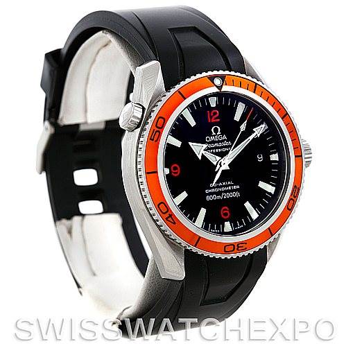 The image shows a side view of an Omega Planet Ocean 2909.50.91 Men's Stainless Steel Black Dial 2909.50.91 Men's Stainless Steel Black Dial model with a black strap and orange bezel.
