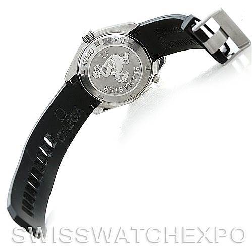 This image shows the back case and part of the strap of the Omega Planet Ocean 2909.50.91 Men's Stainless Steel Black Dial 2909.50.91 Men's Stainless Steel Black Dial watch at an angled view.