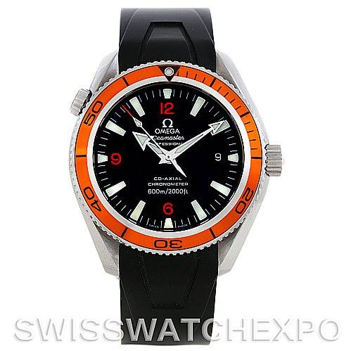 The Omega Planet Ocean 2909.50.91 Men's Stainless Steel Black Dial 2909.50.91 Men's Stainless Steel Black Dial watch is shown from the front, displaying the face, bezel, and strap.