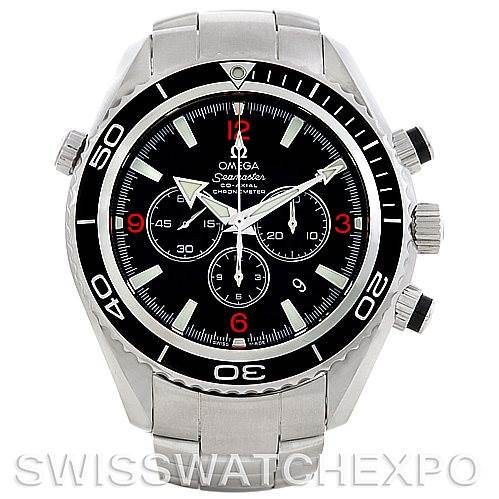 The image shows a front view of the Omega Planet Ocean 2210.51.00 Men's Stainless Steel Black Dial 2210.51.00 Men's Stainless Steel Black Dial watch, highlighting its bezel, dial, three subdials, and stainless steel bracelet.