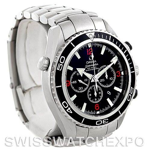 The image shows a side angle view of an Omega Planet Ocean 2210.51.00 Men's Stainless Steel Black Dial 2210.51.00 Men's Stainless Steel Black Dial model watch, highlighting its bezel, dial, and bracelet.