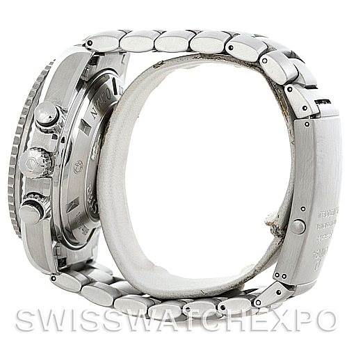 The image shows a side view of the Omega Planet Ocean 2210.51.00 Men's Stainless Steel Black Dial 2210.51.00 Men's Stainless Steel Black Dial watch, highlighting the band, clasp, and side buttons on the case.