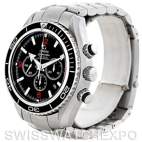 The image shows the Omega Planet Ocean 2210.51.00 Men's Stainless Steel Black Dial 2210.51.00 Men's Stainless Steel Black Dial watch from a three-quarter angle, highlighting the bezel, dial, and side buttons.