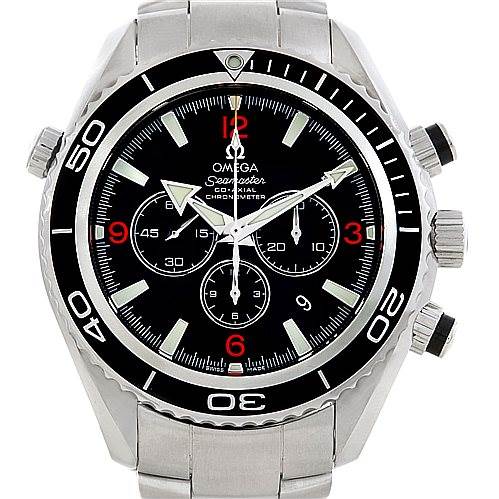 This image shows a front view of the Omega Planet Ocean 2210.51.00 Men's Stainless Steel Black Dial 2210.51.00 Men's Stainless Steel Black Dial watch, highlighting its dial, bezel, and bracelet.