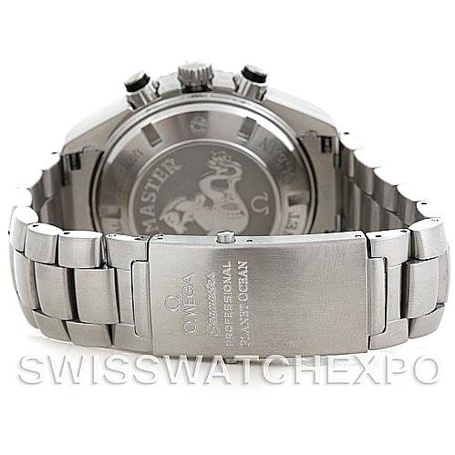 The image shows the back case and bracelet clasp of the Omega Planet Ocean 2210.51.00 Men's Stainless Steel Black Dial 2210.51.00 Men's Stainless Steel Black Dial watch from a rear angle.