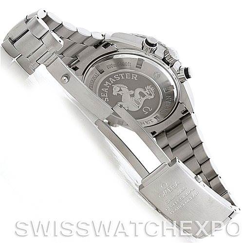 The image shows the back view of an Omega Planet Ocean 2210.51.00 Men's Stainless Steel Black Dial 2210.51.00 Men's Stainless Steel Black Dial watch, highlighting the clasp, case back, and bracelet.