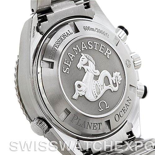 This image shows the back case of the Omega Seamaster Planet Ocean watch, highlighting its "Seamaster" engraving and seahorse emblem.