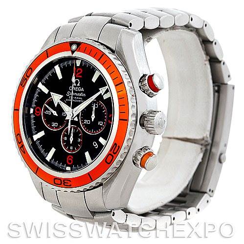 This image shows a side and partial front view of the Omega Planet Ocean 2218.50.00 Men's Stainless Steel Black Dial 2218.50.00 Men's Stainless Steel Black Dial watch, highlighting the bezel, crown, chronograph buttons, and bracelet.