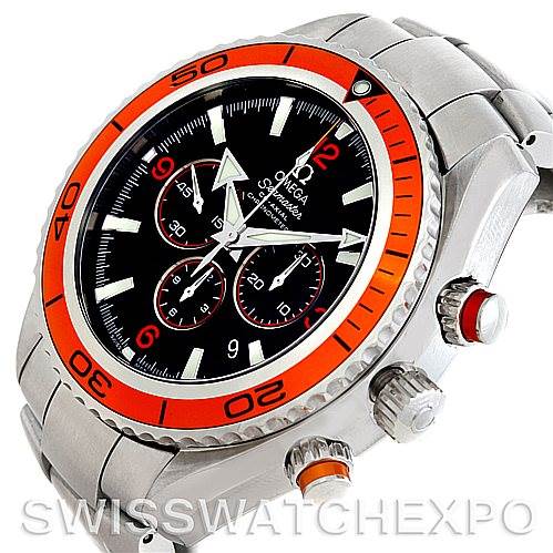 The image shows an Omega Planet Ocean 2218.50.00 Men's Stainless Steel Black Dial 2218.50.00 Men's Stainless Steel Black Dial model at an angled side view, highlighting its bezel, crown, and pushers.