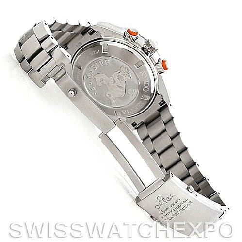 The image displays the back case and bracelet of an Omega Planet Ocean 2218.50.00 Men's Stainless Steel Black Dial 2218.50.00 Men's Stainless Steel Black Dial watch from an angled view.