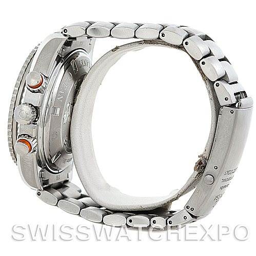 This image shows a side view of the Omega Planet Ocean 2218.50.00 Men's Stainless Steel Black Dial 2218.50.00 Men's Stainless Steel Black Dial watch, highlighting the crown, pushers, and stainless steel bracelet.