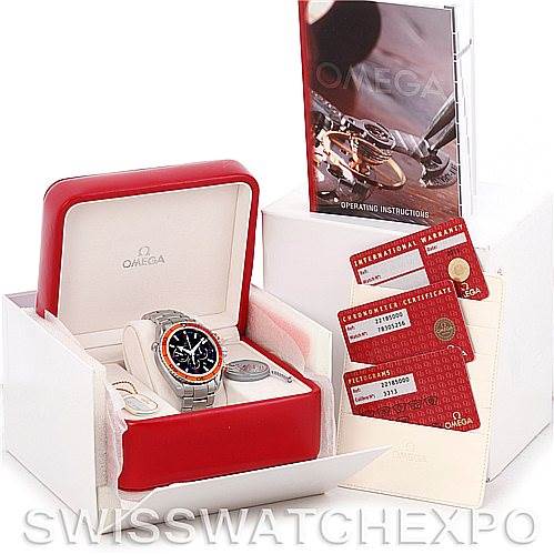 The Omega Planet Ocean 2218.50.00 Men's Stainless Steel Black Dial 2218.50.00 Men's Stainless Steel Black Dial watch is shown in its open box, with operating instructions and certificates on the side.