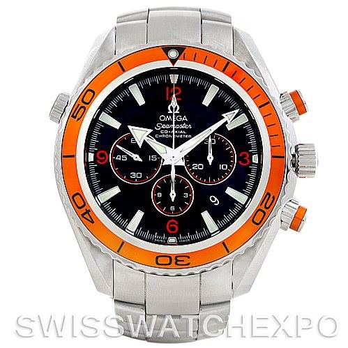 The image shows a frontal view of the Omega Planet Ocean 2218.50.00 Men's Stainless Steel Black Dial 2218.50.00 Men's Stainless Steel Black Dial watch, highlighting its orange bezel, chronograph dials, and stainless steel bracelet.