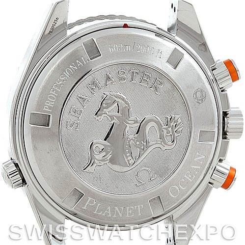 The image shows the back case of the Omega Planet Ocean 2218.50.00 Men's Stainless Steel Black Dial 2218.50.00 Men's Stainless Steel Black Dial watch, displaying the "Seamaster" engraving and surrounding details.