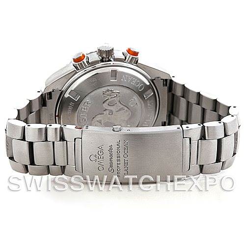 The image shows the back view of the Omega Planet Ocean 2218.50.00 Men's Stainless Steel Black Dial 2218.50.00 Men's Stainless Steel Black Dial watch, focusing on the case back and bracelet.