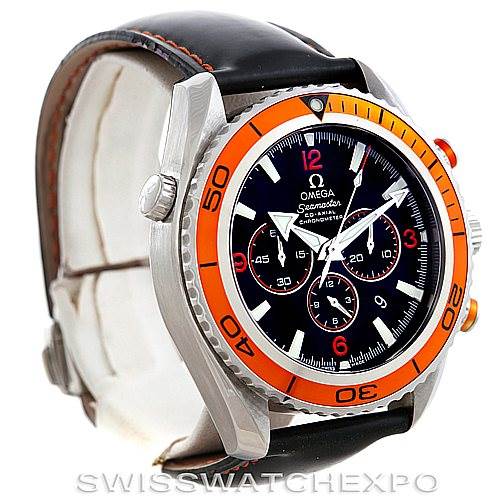 The Omega Planet Ocean 2918.50.82 Men's Stainless Steel Black Dial 2918.50.82 Men's Stainless Steel Black Dial watch is shown at an angle highlighting the bezel, crown, chronograph subdials, and part of the strap.