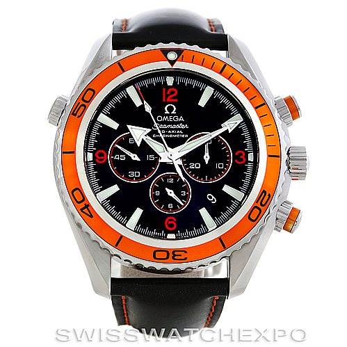 The Omega Planet Ocean 2918.50.82 Men's Stainless Steel Black Dial 2918.50.82 Men's Stainless Steel Black Dial watch is shown from the front, displaying its orange bezel, black dial, sub-dials, and black strap.