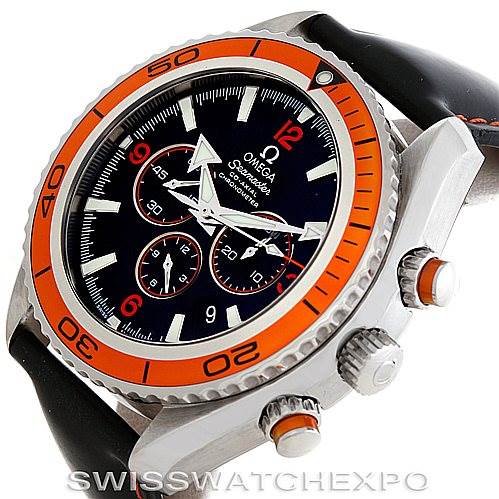 The watch, an Omega Planet Ocean 2918.50.82 Men's Stainless Steel Black Dial 2918.50.82 Men's Stainless Steel Black Dial model, is shown at an angle highlighting the orange bezel, chronograph dials, and crown.