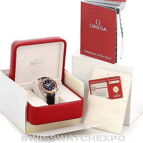 The image shows an Omega Planet Ocean 2918.50.82 Men's Stainless Steel Black Dial 2918.50.82 Men's Stainless Steel Black Dial watch in its case, accompanied by an instruction booklet and an international warranty card.