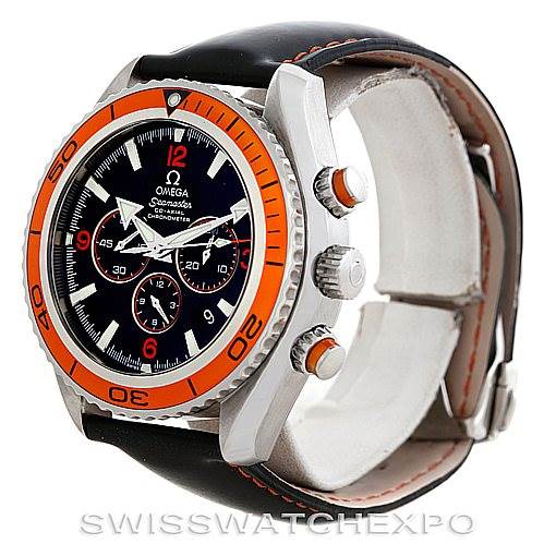The image shows the Omega Planet Ocean 2918.50.82 Men's Stainless Steel Black Dial 2918.50.82 Men's Stainless Steel Black Dial watch at an angle emphasizing the face, bezel, and crown, along with the black and orange strap.