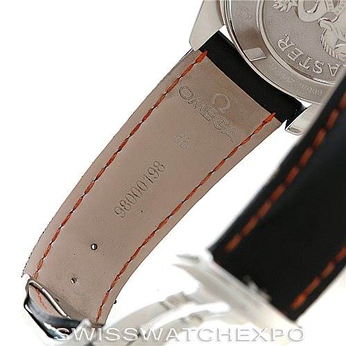 The image shows the back and strap of an Omega Planet Ocean 2918.50.82 Men's Stainless Steel Black Dial 2918.50.82 Men's Stainless Steel Black Dial watch, highlighting the branded leather strap and partial view of the case back.