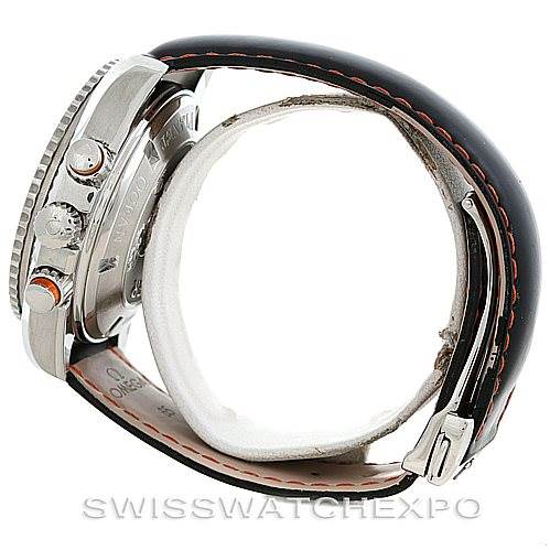 This image shows a side view of the Omega Planet Ocean 2918.50.82 Men's Stainless Steel Black Dial 2918.50.82 Men's Stainless Steel Black Dial watch, highlighting the crown, pushers, and the black leather strap with orange stitching.