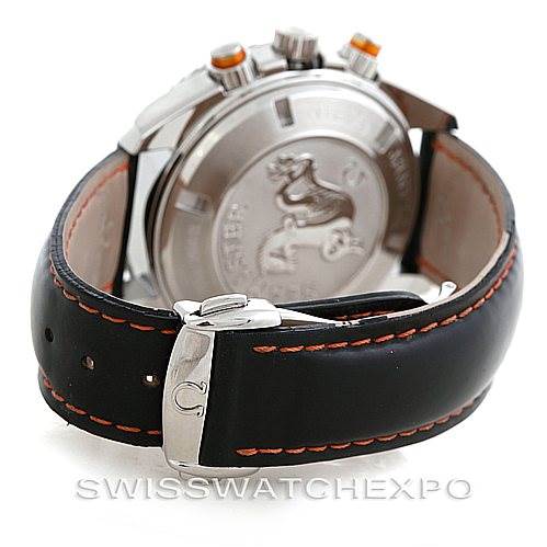 The image shows the back and clasp of the Omega Planet Ocean 2918.50.82 Men's Stainless Steel Black Dial 2918.50.82 Men's Stainless Steel Black Dial watch, highlighting its case back, crown, and leather strap with stitching.