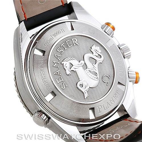 The image shows the case back and part of the strap of the Omega Planet Ocean 2918.50.82 Men's Stainless Steel Black Dial 2918.50.82 Men's Stainless Steel Black Dial Seamaster watch, highlighting the engraved details.