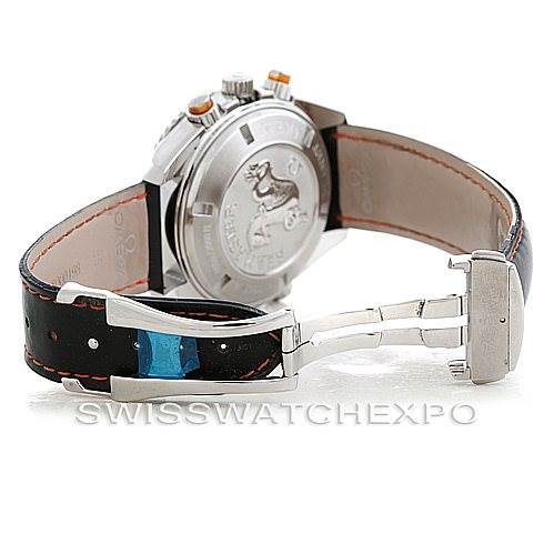 This image shows the case back, strap, and clasp of an Omega Planet Ocean 2918.50.82 Men's Stainless Steel Black Dial 2918.50.82 Men's Stainless Steel Black Dial watch from an angled rear view.