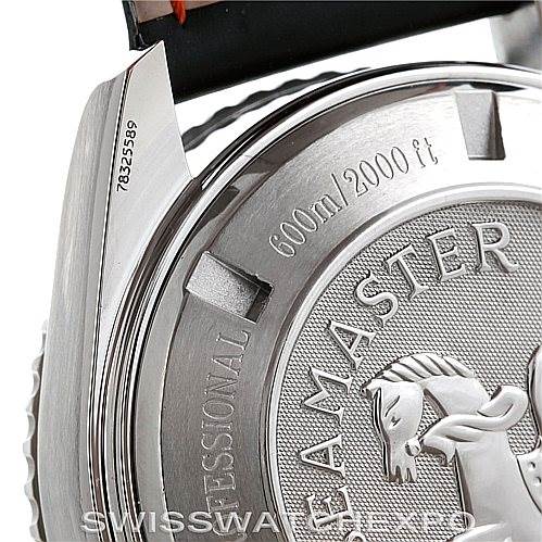 This image shows the back casing and part of the strap attachment of the Omega Planet Ocean 2918.50.82 Men's Stainless Steel Black Dial 2918.50.82 Men's Stainless Steel Black Dial watch, featuring detailed engravings.