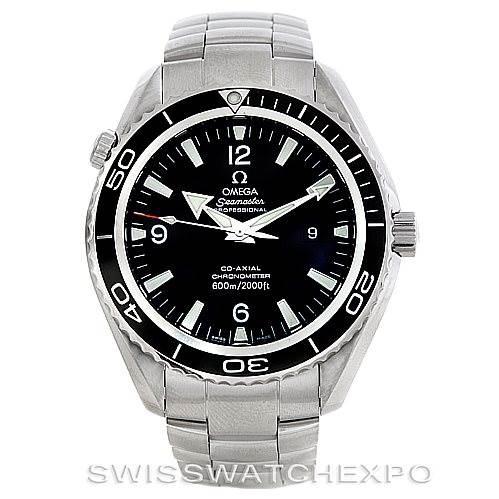 The image shows a front view of the Omega Planet Ocean 2200.50.00 Men's Stainless Steel Black Dial 2200.50.00 Men's Stainless Steel Black Dial watch, highlighting the face, bezel, crown, and stainless steel bracelet.