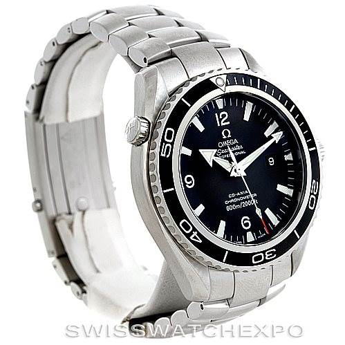 The image shows an angled side view of the Omega Planet Ocean 2200.50.00 Men's Stainless Steel Black Dial 2200.50.00 Men's Stainless Steel Black Dial watch, displaying its bezel, dial, crown, and part of the bracelet.