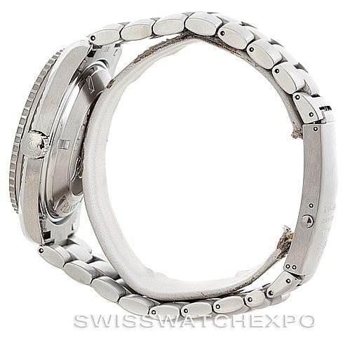 The Omega Planet Ocean 2200.50.00 Men's Stainless Steel Black Dial 2200.50.00 Men's Stainless Steel Black Dial watch is shown from a side angle, highlighting the bracelet and side of the watch case.