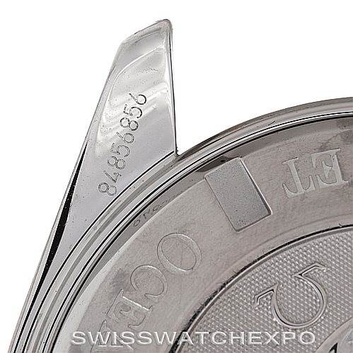 The image shows a close-up angle of the Omega Planet Ocean 2200.50.00 Men's Stainless Steel Black Dial 2200.50.00 Men's Stainless Steel Black Dial watch case, highlighting the lug and part of the case back.