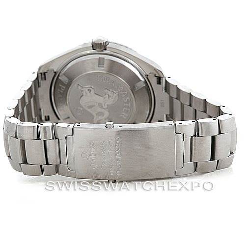 The image shows the back and clasp of the Omega Planet Ocean 2200.50.00 Men's Stainless Steel Black Dial 2200.50.00 Men's Stainless Steel Black Dial watch, highlighting its stainless steel bracelet and case back.