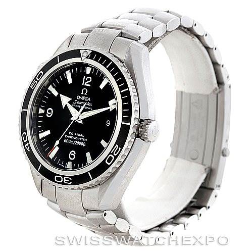 This image shows the Omega Planet Ocean 2200.50.00 Men's Stainless Steel Black Dial 2200.50.00 Men's Stainless Steel Black Dial model watch at a three-quarter angle, displaying its face, bezel, crown, and part of the bracelet.
