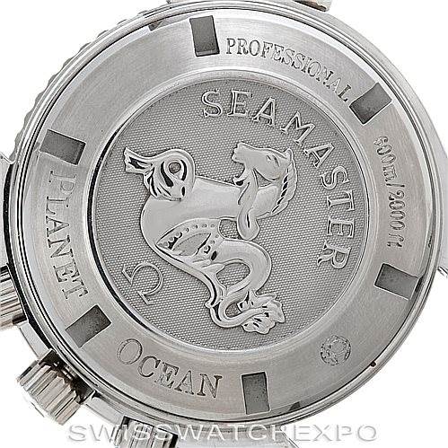 The image shows the back case of an Omega Planet Ocean 2210.50.00 Men's Stainless Steel Black Dial 2210.50.00 Men's Stainless Steel Black Dial watch, highlighting the "Seamaster" engraving and prominent logos.